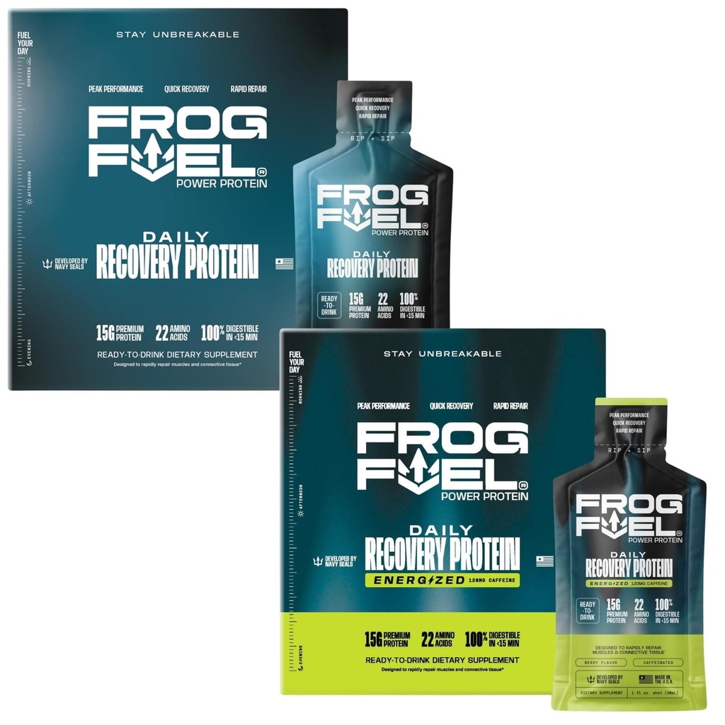 Frog Fuel Power Regular & Power Energized Complete Protein Shot Bundle, 15g Protein Nano-Hydrolyzed Grass Fed Collagen, Post Treening, Rasv & Suhkruvaba, 22 Aminohapped, Berry, 1 oz Packets, 48 Pack