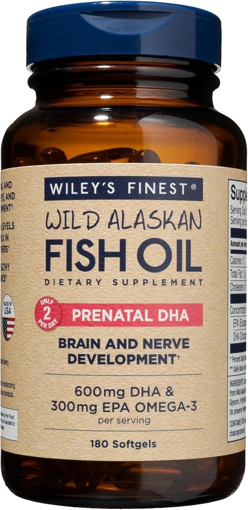 Wiley's Finest Wild Alaskan Fish Oil Prenatal DHA - 900mg EPA ja DHA Omega-3s rasedatele naistele ja imetavatele emadele - 180 Softgels (90 Sünnieelne Vitamiin Servings)