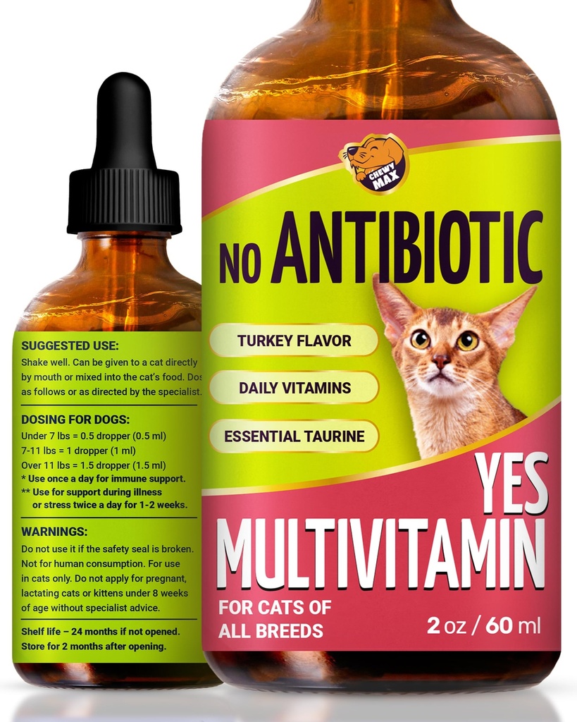 Cat Multivitamin Complex with Turkey Flavor – Natural Cat Antibiotic Liquid Alternative to Help with Allergies, UTIs & Cough – Herbal No Antibiotic Yes Multivitamin for All Breeds – 2 Oz