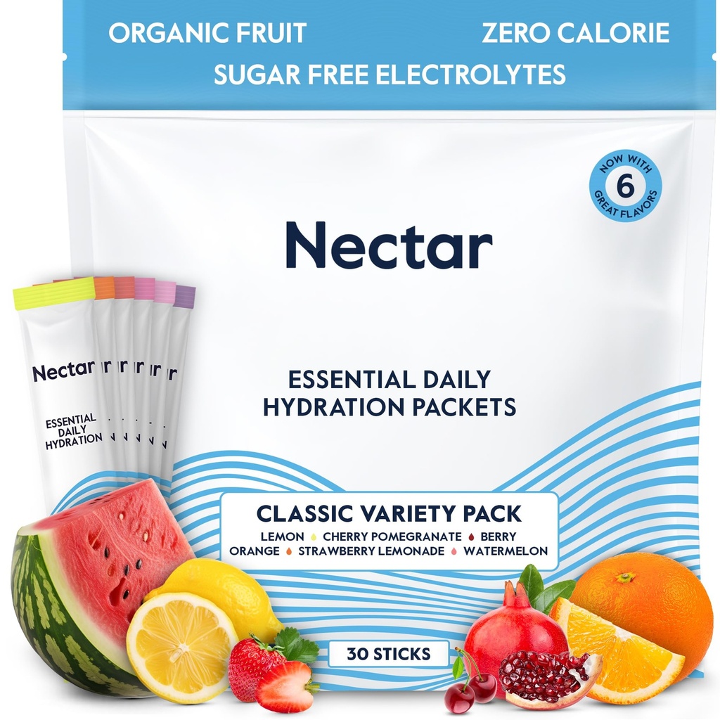 Nectar Hydration Packets - Electrolytes Powder Packets - Sugar Free & 0 Calorie - Organic Fruit Vedel Daily IV elektrolüütide pulber dehüdratsiooni leevendamiseks ja rehüdreerimiseks (Variety 30 Pack)