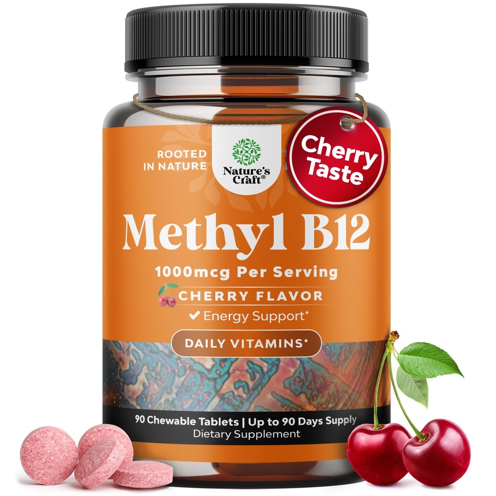 Näritav Vitamiin B12 1000 mcg - Metüülitud B12 Vegan Vitamiin aju toetamiseks Looduslik energia - Luu tervis Silmahooldus ja meeleolu Boost juuste naha ja küünte Halal Vitamiinid