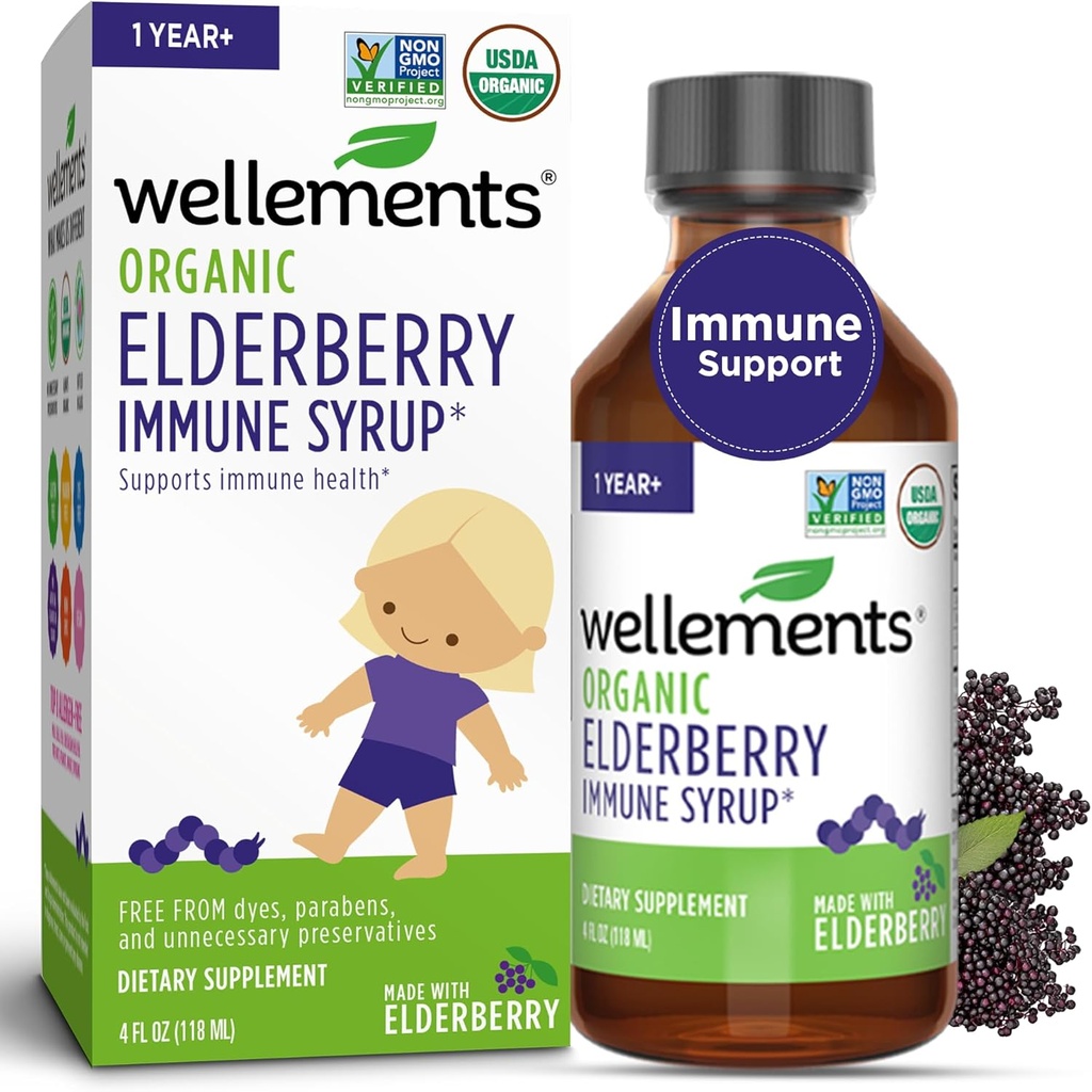 Wellements Organic Elderberry Syrup for Kids | Toetab Imikute Ja Väikelaste Immuuntervise*, Made with Organic Elderberry, USDA Certified Organic & Non GMO | 1 aasta +, 4 Fl Oz