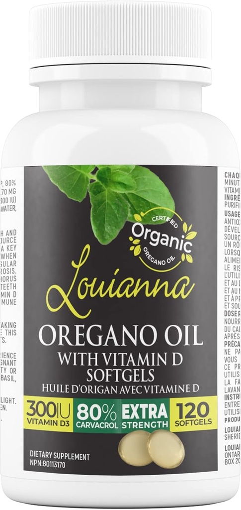 Louianna - orgaaniline looduslik oreganoõli D-vitamiiniga, vedelad Softgel kapslid 80-protsendilise karvakrooliga, toetab teie luude, immuunsüsteemi ja soolestiku tervist, taimseid toidulisandeid, 120 softgelit