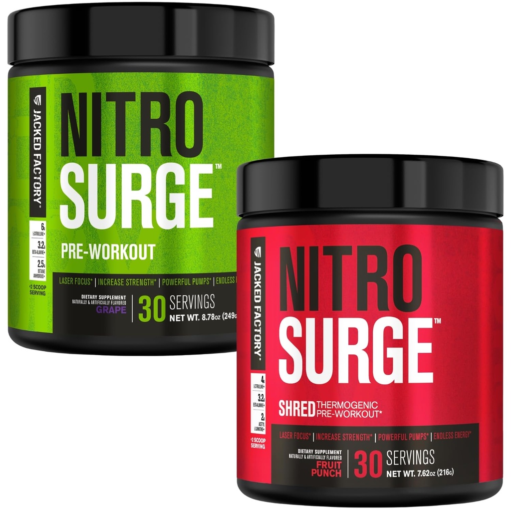 Jacked Factory Nitrosurge Preworkout Grape & Fruit Punch Nitrosurge Shred Thermogenic Pre Workout meestele ja naistele