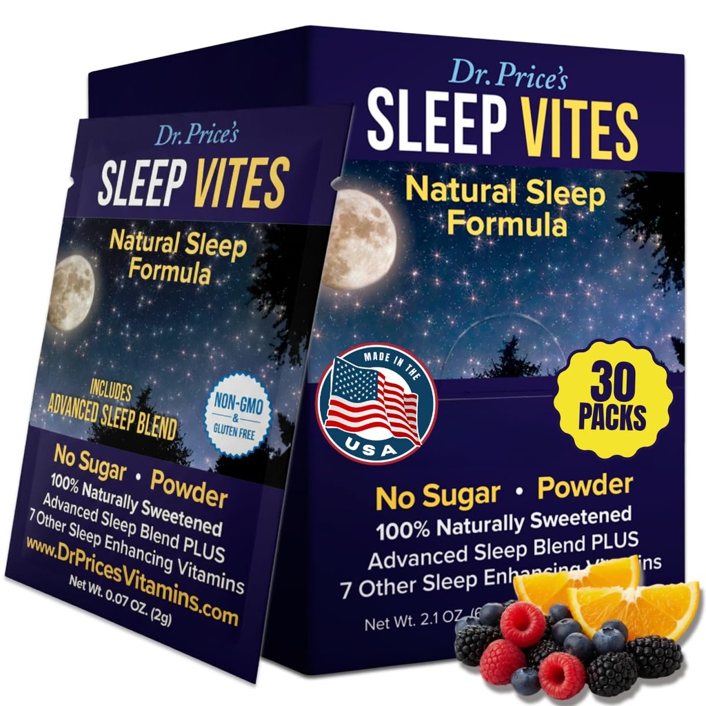 Dr Price'i vitamiinid Natural Sleep Aid - Sleep Supplement - Melatoniin magamiseks - 30 paketti - Uneabivahendid Täiskasvanud, trüptofaan, rahustav magneesiumipulber, Unetugi