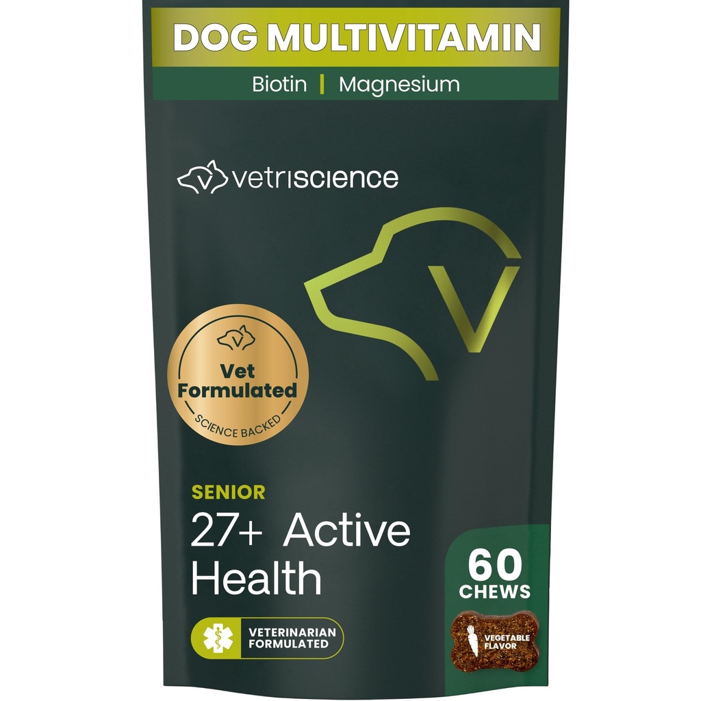 VetriScience Senior 27+ Active Health Chews, Canine Plus Daily Multivitamiinid vanematele koertele, tasakaalustatud vitamiinid, mineraalid ja antioksüdandid, tervisliku vananemise ja heaolu tugi, Veggie, 60 Count