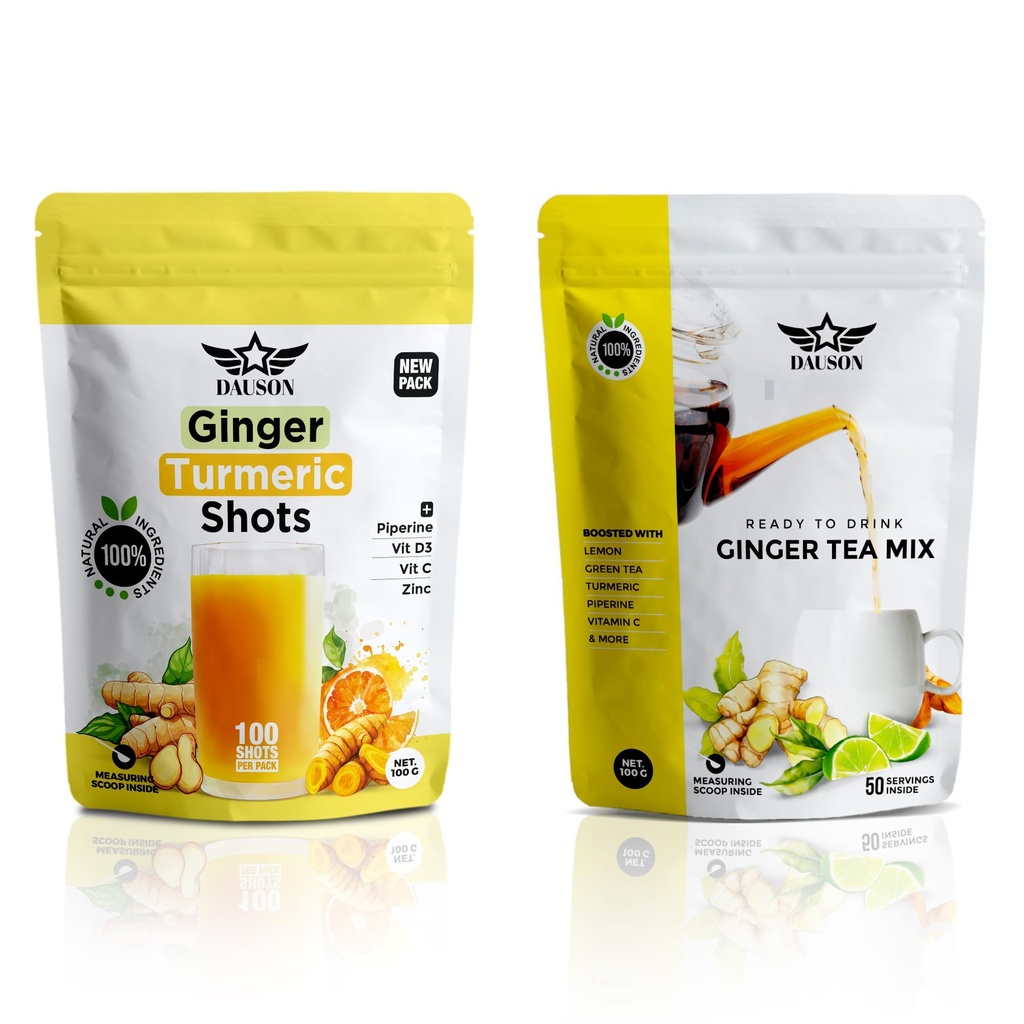 Ginger Turmeric Wellness Powder – 100 Servings – Blend with Piperine, Lemon, Licorice, Decaf Green Tea, Vitamin C, D3 & Zinc | Caffeine-Free, Vegan, Gut-Friendly Herbal Tea & Daily Shot Mix