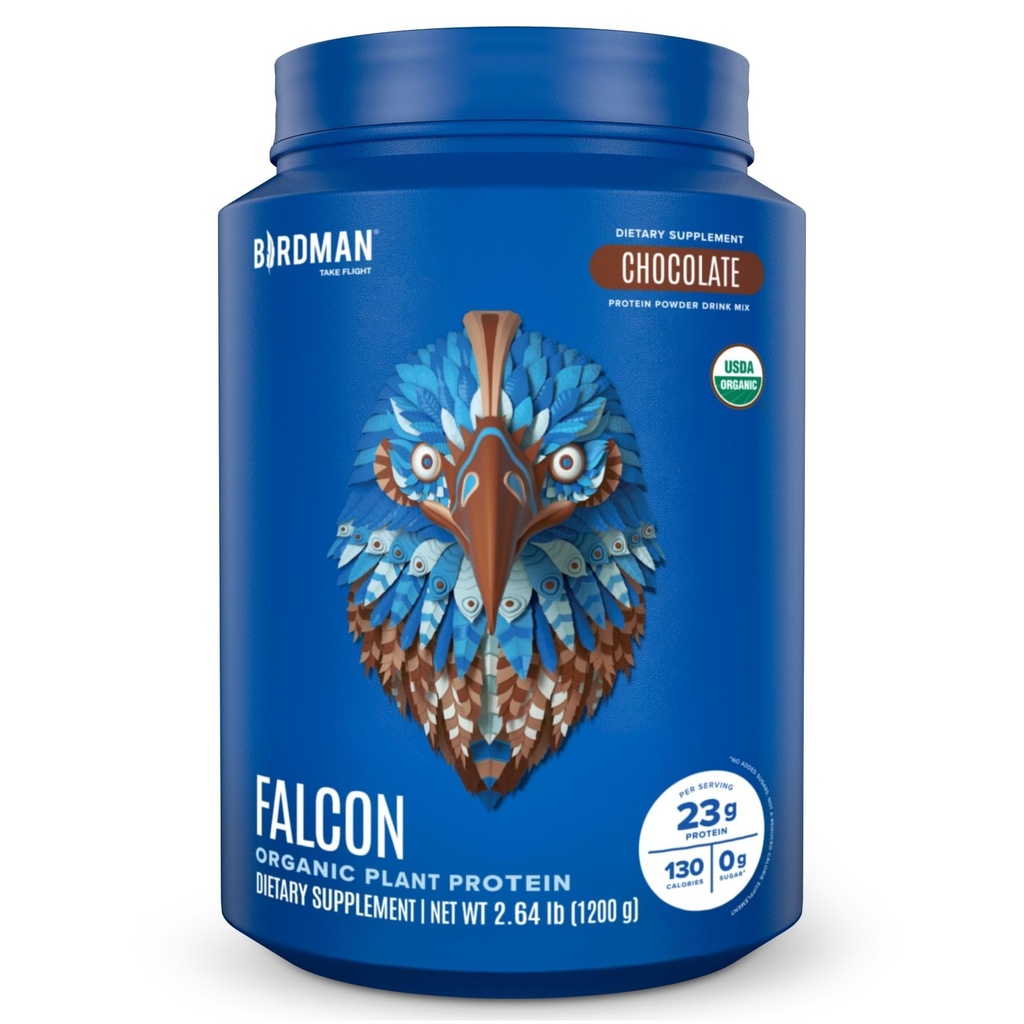 BIRDMAN Falcon Vegan Protein Powder Organic, Stevia & Sugar Free, Plant Based Protein, Low Carb, Dairy Free, Keto, Non Whey Protein, Probiotic, Pea Protein | Chocolate Flavor - 37 Servings - 2.64lb