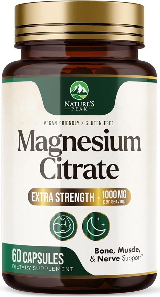 Magnesium Citrate 1000mg - High Absorption Magnesium Supplement Supports Muscle, Bone, Nerve & Heart Health - Extra Strength Magnesio Complex Pills - Non-GMO, Premium Energy Formula - 60 Capsules