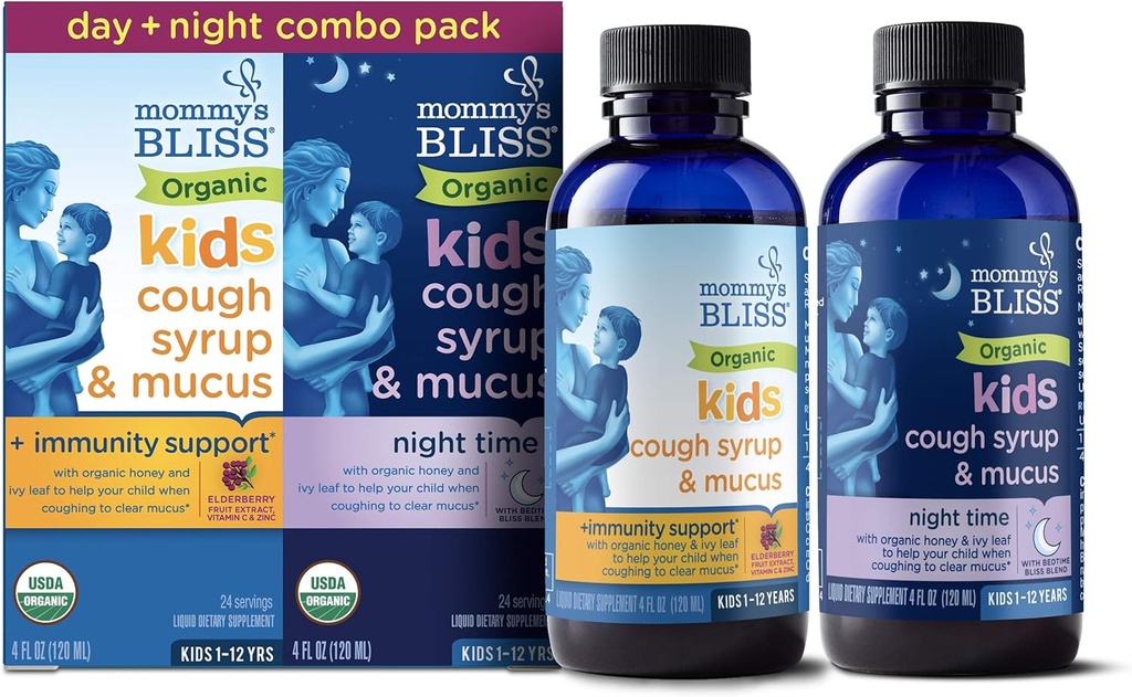 Emme Bliss Organic Cough Syrup & Licus lastele, päev ja öö Combo Pack koos C-vitamiini ja immuunsuse tugi, sisaldab orgaanilist mesi ja Ivy Leaf, 4 Fl Oz (pakk 2)