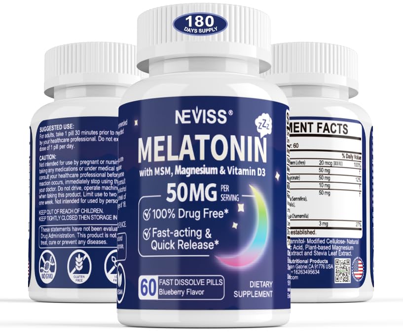 Melatoniin 50 mg täiskasvanutele - ekstra tugevus 9-in-1 kiire lahustamine sublingvaalne - w/vitamiin D3 & MSM, lõõgastav taimesegu- ashwagandha, sidrunipalsam, passioonlill, hamomiil, suhkruvaba, vegan 180 Servings