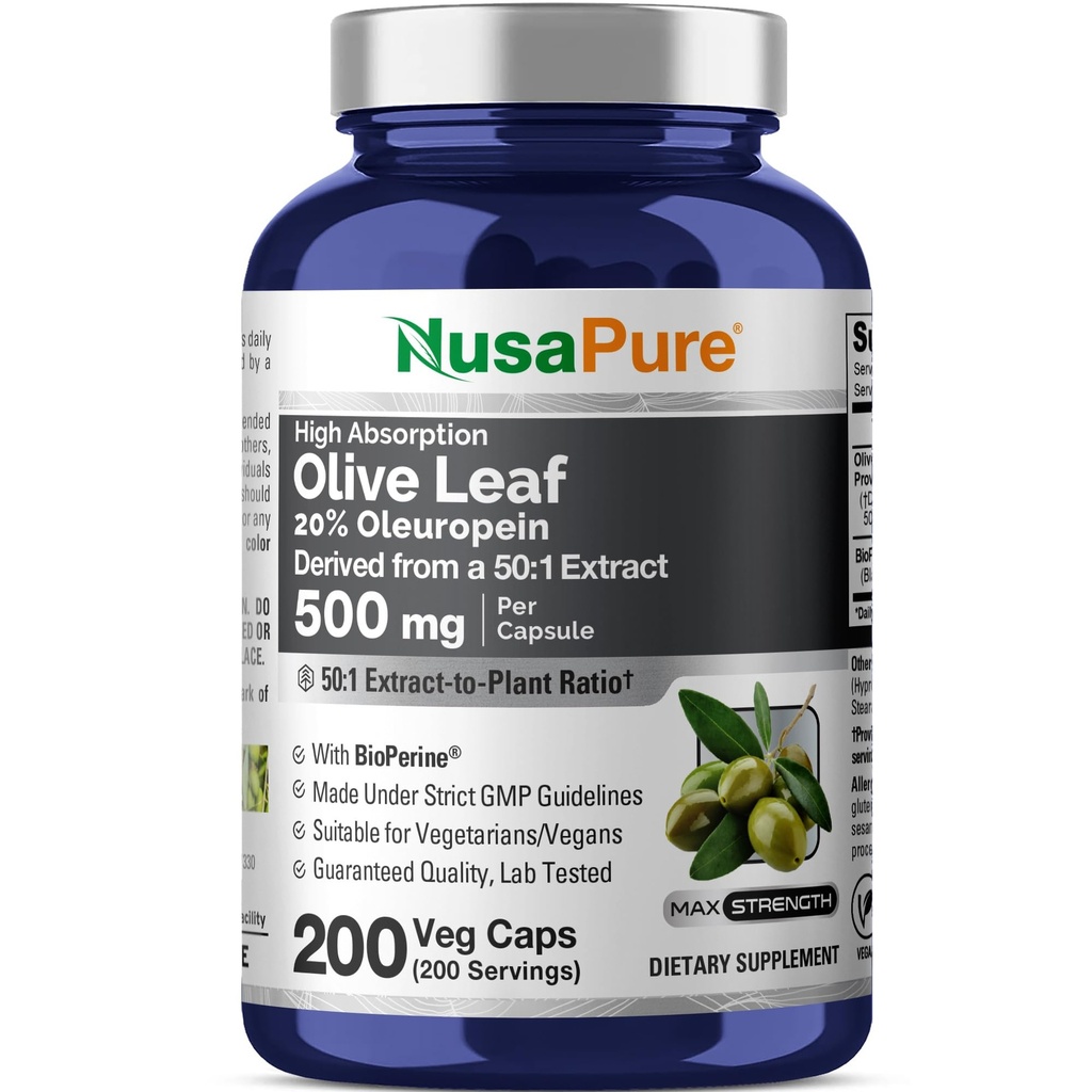 NusaPure Olive Leaf 20% Oleuropein 50: 1 Ekstrakt, 500 mg, mis vastab 25 000 mg 200 Veg Caps Sobiv taimetoitlastele ja veganitele, Non-GMO