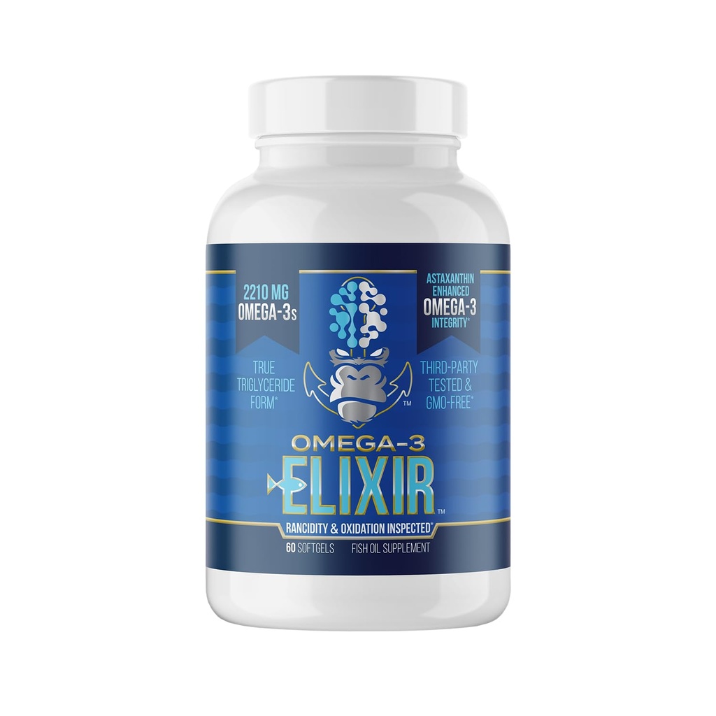 Gorilla Mind Omega-3 ElixirTM | 2210mg Fish Oil Re-Esterified Triglyceride Form | EPA, DHA + 2 Rasvhapped | Astaksanthin Infusioon Tugevdatud terviklikkuse | 3. partei ja rantsiidsus Testitud | 60 Softgels