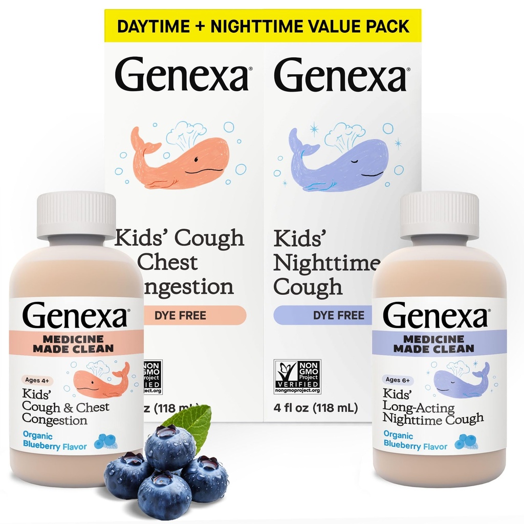 Genexa Kids' Clean Day & Night Cough Medicine, värvivaba, 0% kunstlikud lisandid, laste köha, rindkere ummistused, runny nina ja aevastamise leevendus, vanuses 6+, orgaaniline mustikamaitse, 8 fl oz (2 Pack)