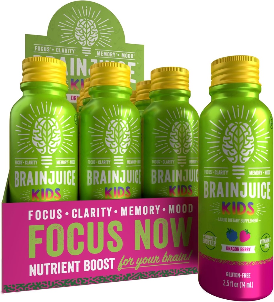 BrainJuice Kids Brain & Immune Support Shot, Gluteenivabad toidulisandi kaadrid energia, fookuse, immuunsuse D-vitamiini, C, B, Alpha GPC ja orgaanilise ingveri juurega, vanuses 5+, Dragon Berry, 2,5 fl oz, 12 Pack