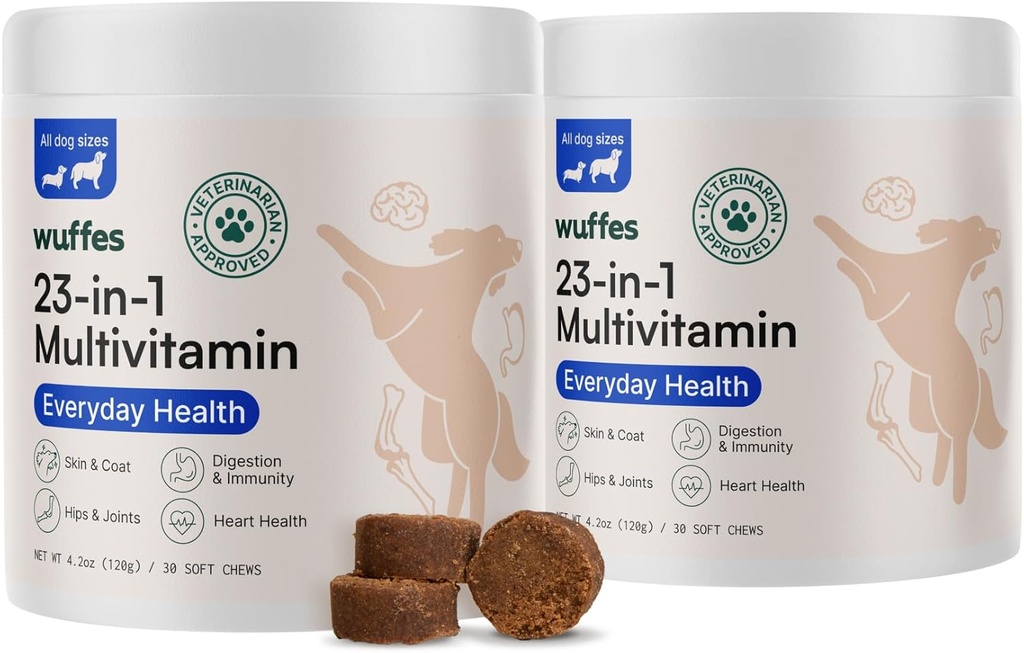 Wuffes 23-in-1 näritav koer Multivitamiinid ja lisandid Komplekt - Koer Multivitamiin väikesele ja suurele tõule - 2 Pack - 60 Count