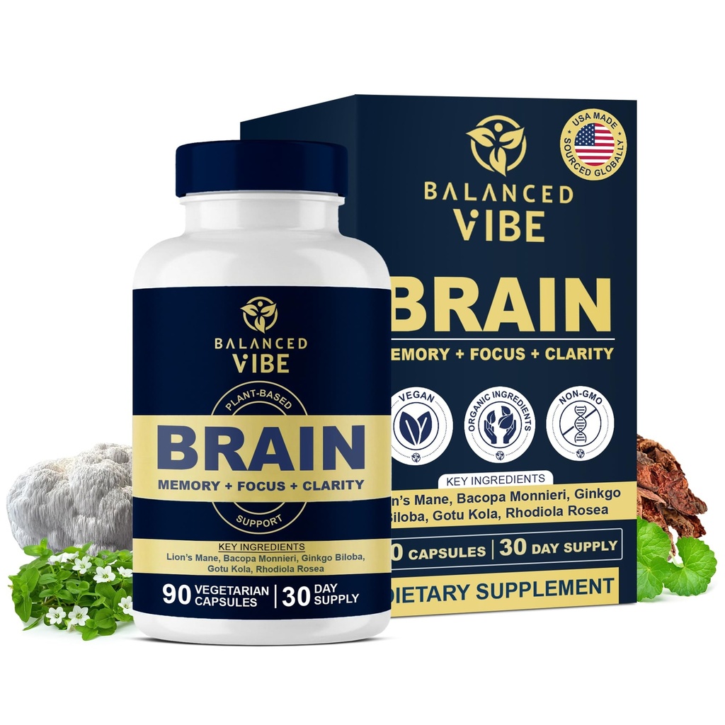 Tasakaalustatud Vibe Aju valem | Orgaaniline taimepõhine Nootroopne fookuse, selguse ja mälu jaoks | Orgaaniline Lõvi Mane, Ginkgo, Bacopa, Rhodiola, Gotu Kola | Vegan Kapslid | 30 päeva pakkumine