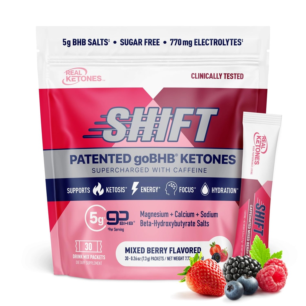 Real Ketones BHB Eksogeensed Ketoonid Jooge Segapakendid Keto Elektrolüüdid Pulberpakendid Ei Suhkur 4 peamise paadunud elektrolüütide Plus Hüdreerimine Patenteeritud Keto BHB - 30 Count Segatud Berry Kofeiin