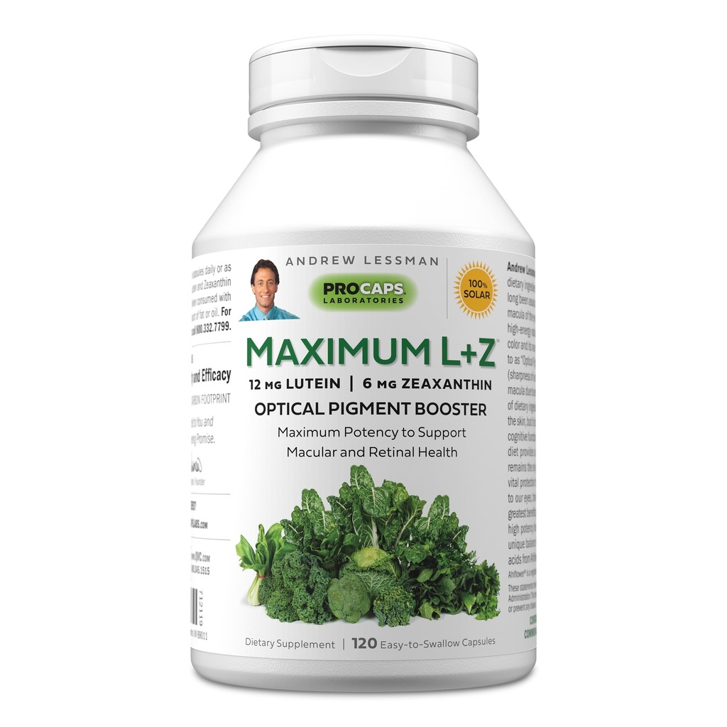 ANDREW LESSMAN Maksimaalne L + Z 120 Softgels - 12mg Lutein, 6mg Zeaksantiin, peamised toitained silmade ja aju tervise toetamiseks ning tervisliku nägemise edendamiseks. Ei mingeid lisaaineid. Kergesti alla neelatavad sohvakesed