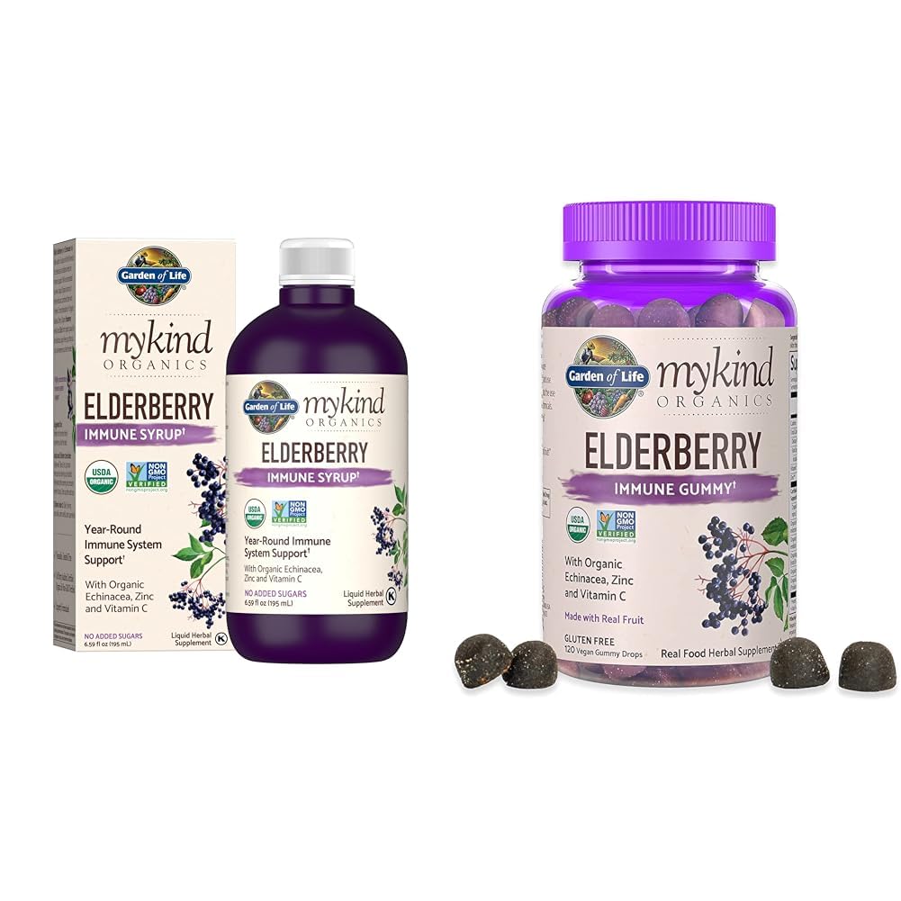 Garden of Life Organics Taimepõhine Elderberry Immune Syrup 6.59 fl oz & Organics Elderberry Gummies täiskasvanutele ja lastele