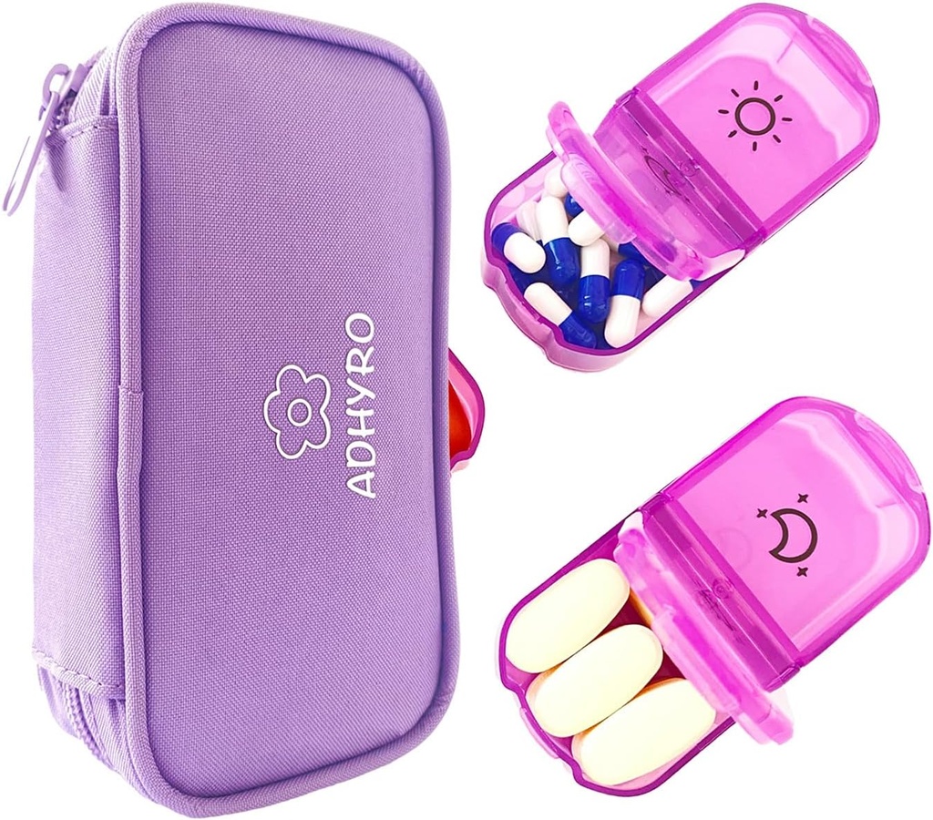 Pill Organizer 2 korda päevas, suur AM / PM iganädalane pillikarp 7 päeva pillikarp koos kirjutatavate etikettidega ja eraelu puutumatuse kaitse Valgus-Purple Zipper kott hoida toidulisandeid, vitamiine ja kalaõli