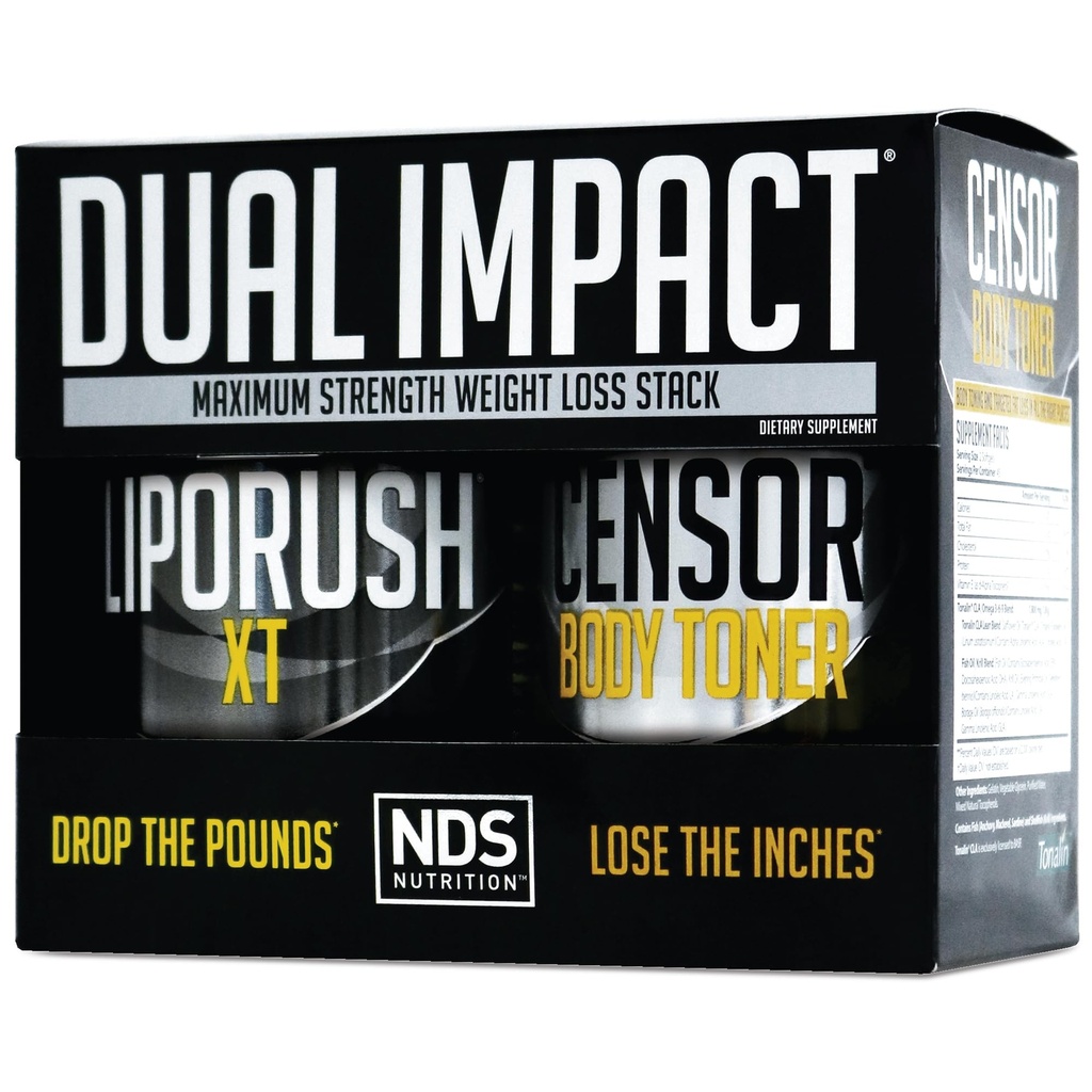 NDS Toitumine Maksimaalne tugevus Dual Impact Stack - Võimas 2-in-1 Kaalulangus Kit Kombineerib Kõrge Energia Rasvapõletusega XT Thermogenic Premium CLA Censor Body Toner (60 Caps & 90 Softgels)