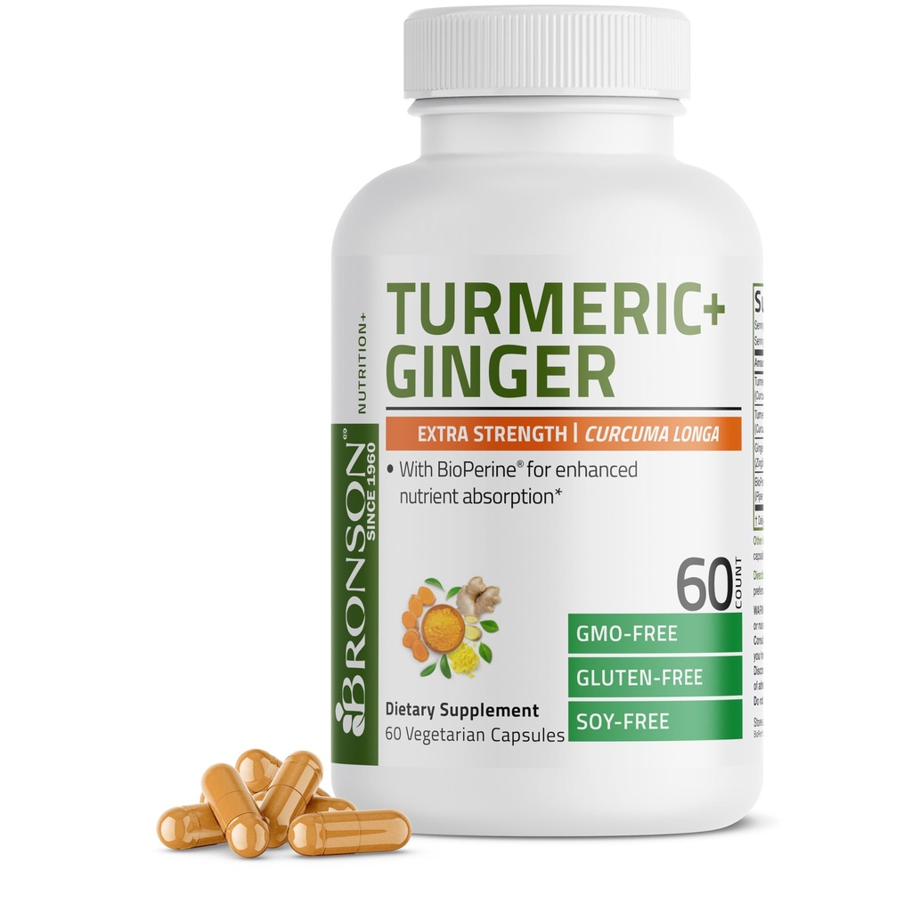 Bronson Turmeric + Ingver Extra Tugevus Ühine Tervis ja seedimine Toetus BioPerine, Non-GMO, 60 Taimekapslit