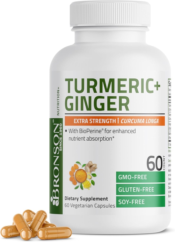 Bronson Turmeric + Ingver Extra Tugevus Ühine Tervis ja seedimine Toetus BioPerine, Non-GMO, 60 Taimekapslit