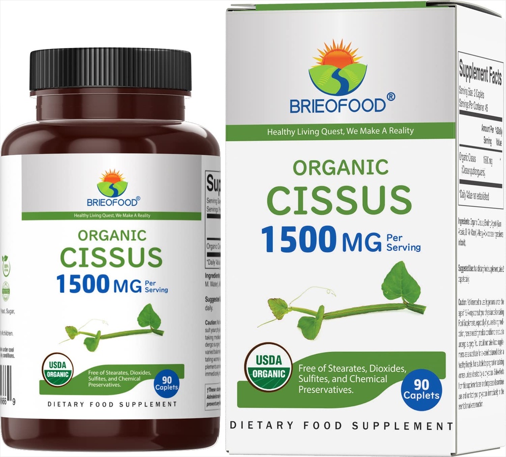 Brieofood Organic Cissus Quadrangularis 1500mg , 45 Servings , Taimetoitlane , Gluteenivaba , 90 taimset tabletti