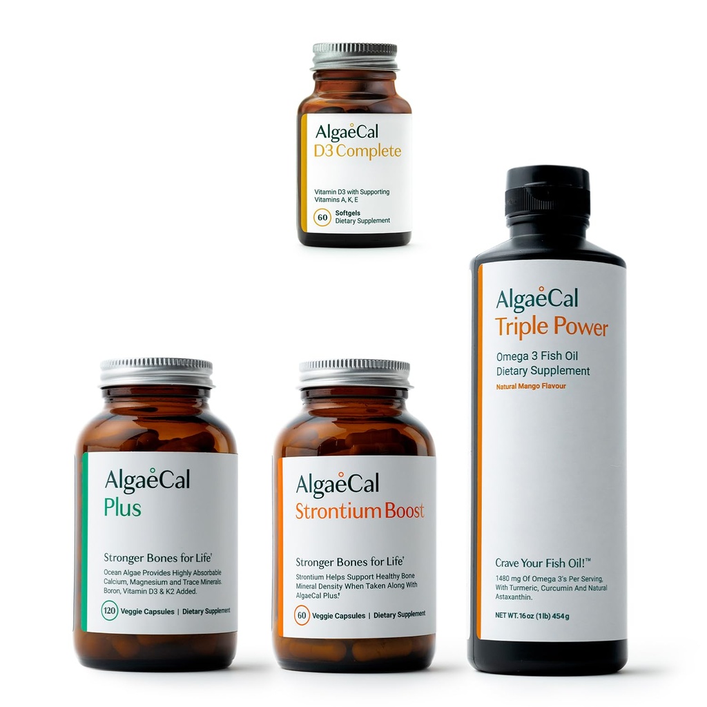 ALGAECAL Ultimate Bone Bundle - D3 Complete (1000 IU) + K2, E-vitamiin, A-vitamiin ja taimepõhine kaltsium luu tiheduse suurendamiseks ja Omega 3 kalaõli 1200 mg EPA DHA-ga