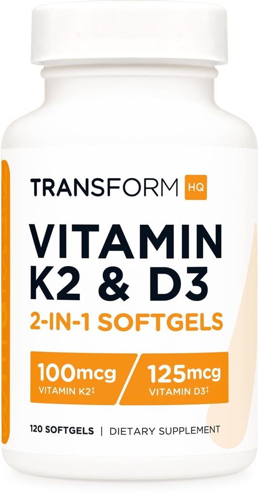 TransformHQ Vitamiin K2 (MK7) (100mcg) + Vitamiin D3 (5000 RÜ) 120 Softgels - Gluteenivaba ja mitte-GMO