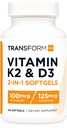 TransformHQ Vitamiin K2 (MK7) (100mcg) + Vitamiin D3 (5000 RÜ) 120 Softgels - Gluteenivaba ja mitte-GMO