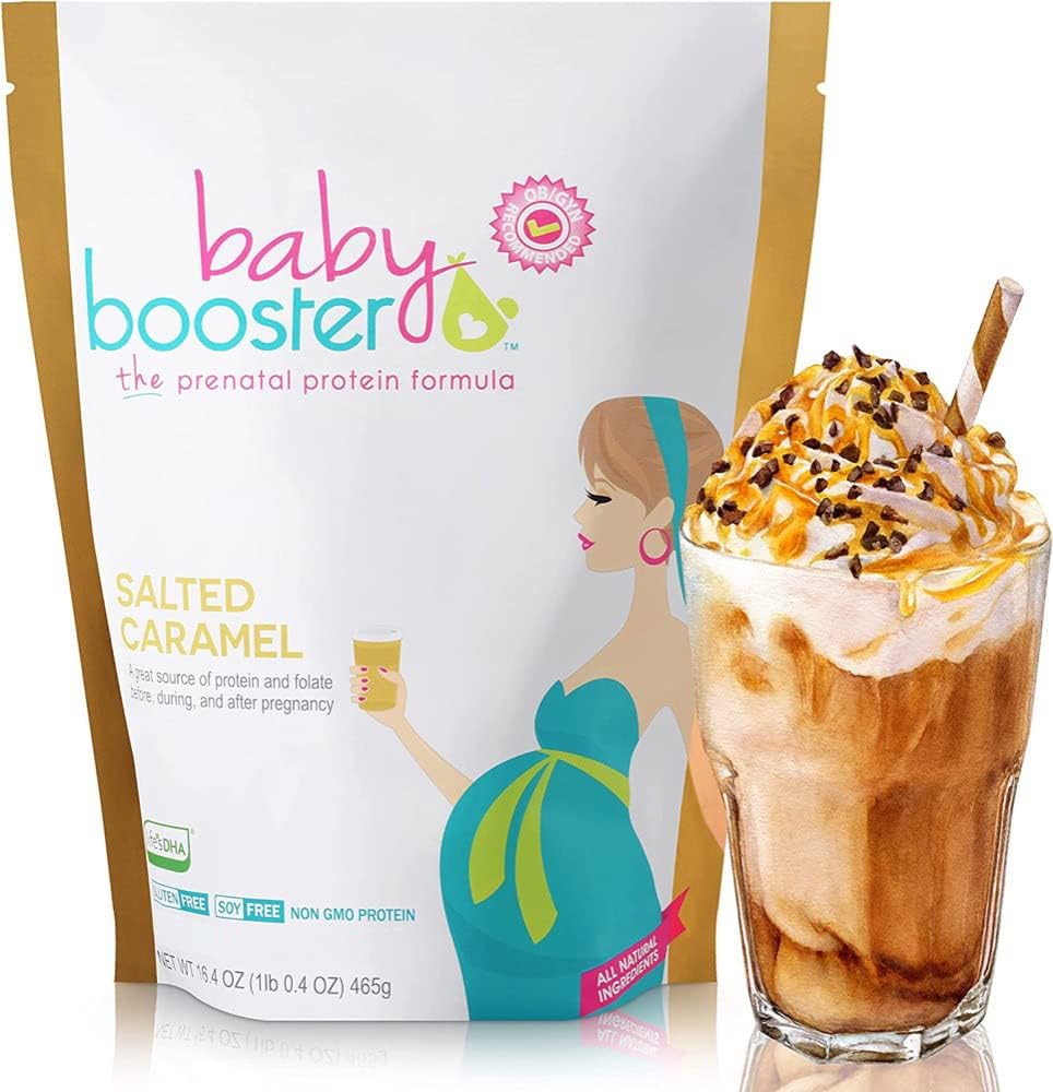 Beebi Booster Soolatud Karamelli Sünnieelne Vitamiinilisandi Ja Valgu Shake, Kofeiinivaba, Kõik Looduslik, Taimetoitlane DHA, Kõrge Valk, Metüül Folaat, B Vitamiinid, Suurepärane Hommikune Haigus, 1 lb