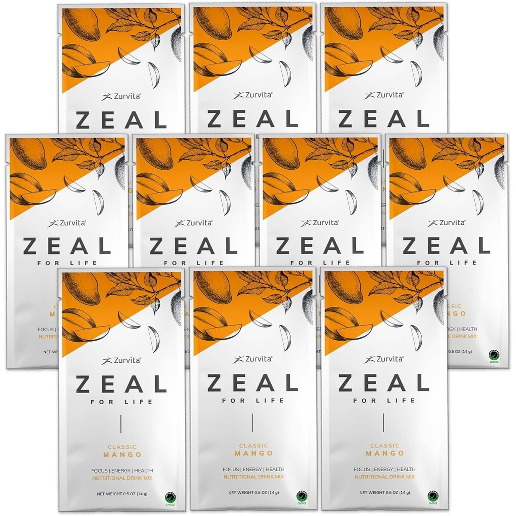 Zurvita - Zeal for Life Wellness Drink Mix - Classic Mango Maitse - Gluteenivaba, Vegan, biotiini, vitamiinide ja mineraalidega tervise jaoks - 10 pakendit