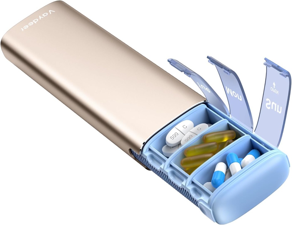 Vaydeer Metal Travel Pill Korraldaja, 7 päeva nädalas Pill Box, suure mahutavusega päevas Cute Pill Case toidulisandeid, pillid, vitamiine ja ravimeid (väike, šampanja)