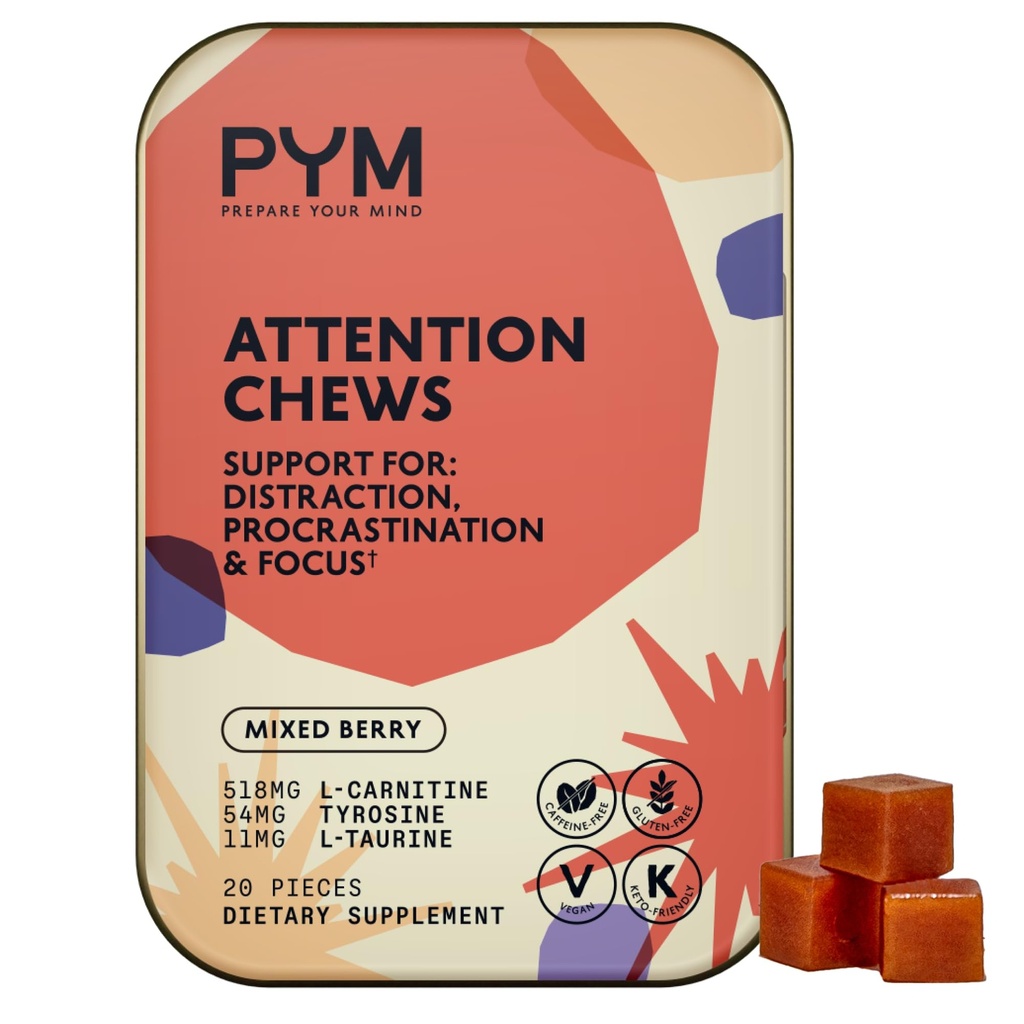 PYM Tähelepanu Chews toetust edasilükkamine, fookus ja tootlikkus, 20 Count | 518mg L-karnitiin, 54mg Tyrosine, 11mg L-Taurine, Kofeiinivaba | All Natural Mood Boost Supplement Made in USA