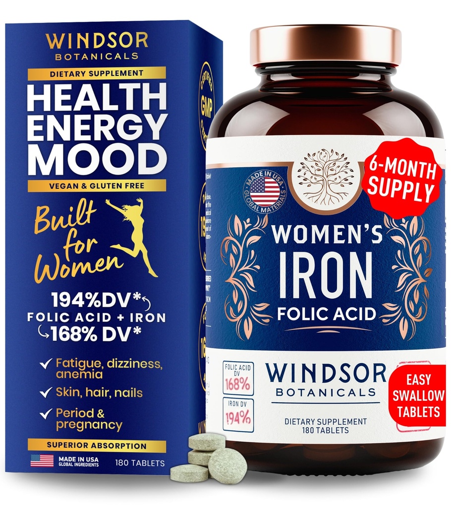 Raud- ja foolhappe lisandid naistele - 35mg õrn raudvitamiin, foolhape 400mcg - aneemia, periood, raseduse tugisammas, raudsulfaatpillid - 180 vegan mitte-kõhukinnisusega tabletti