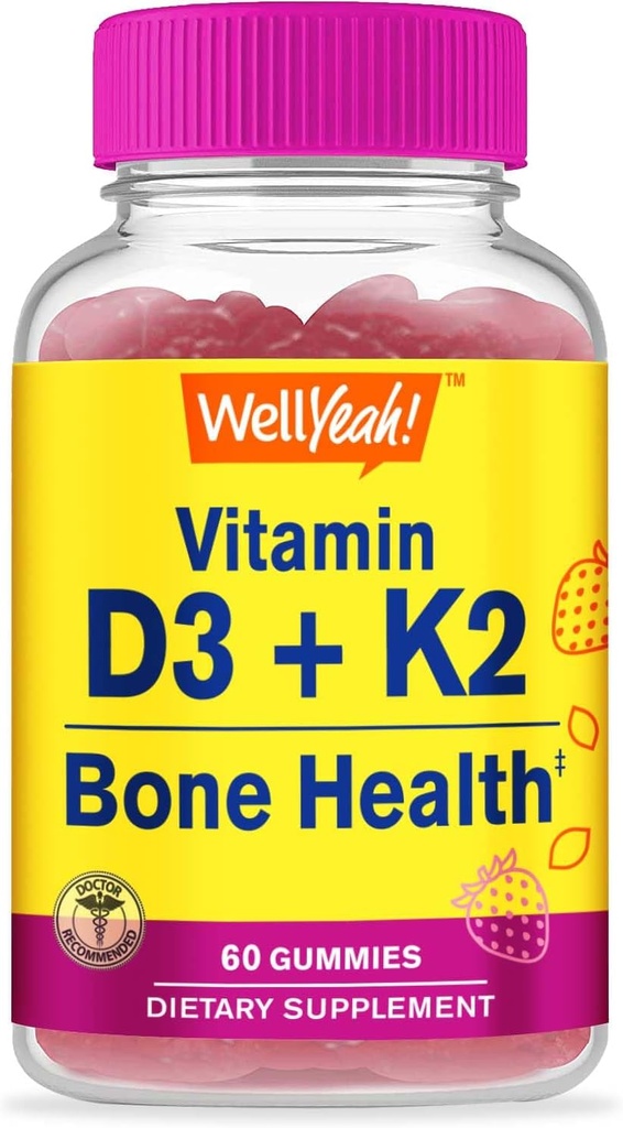 Well Yeah Vitamiin D3 + K2 Gummies - Vitamiin D3 1000 RÜ, K2 100 MCG - Luude ja lihaste tervise toetamine, looduslikud maitsed, GMO-vaba, gluteenivaba, vegan - K2 D3 Vitamiin Supplement - 60 Gummies