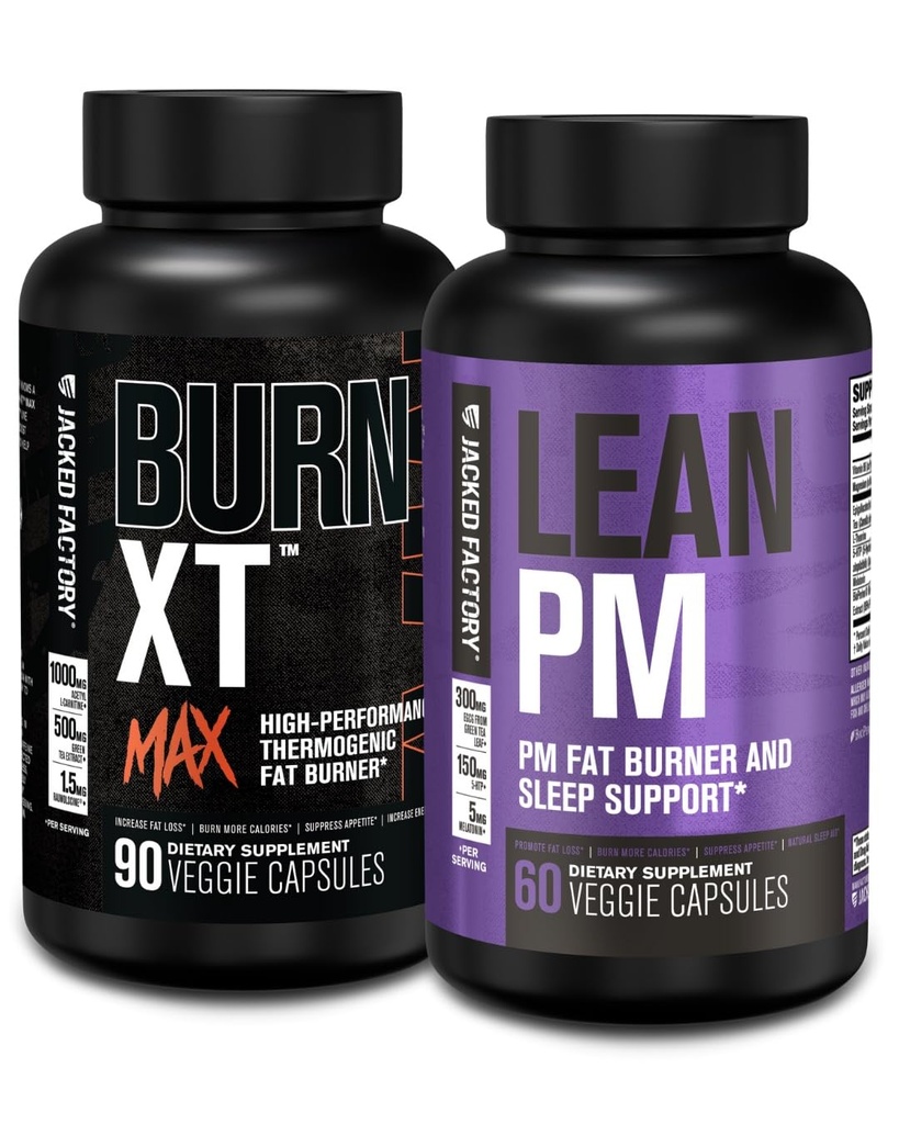 Jacked Factory 24/7 Fat Burner Stack - Burn XT MAX High Performance Fat Burner (90 kapslit) - Lean PM Nighttime Sleep Support kaalulangus ja isu mahasurumine (60 kapslit)