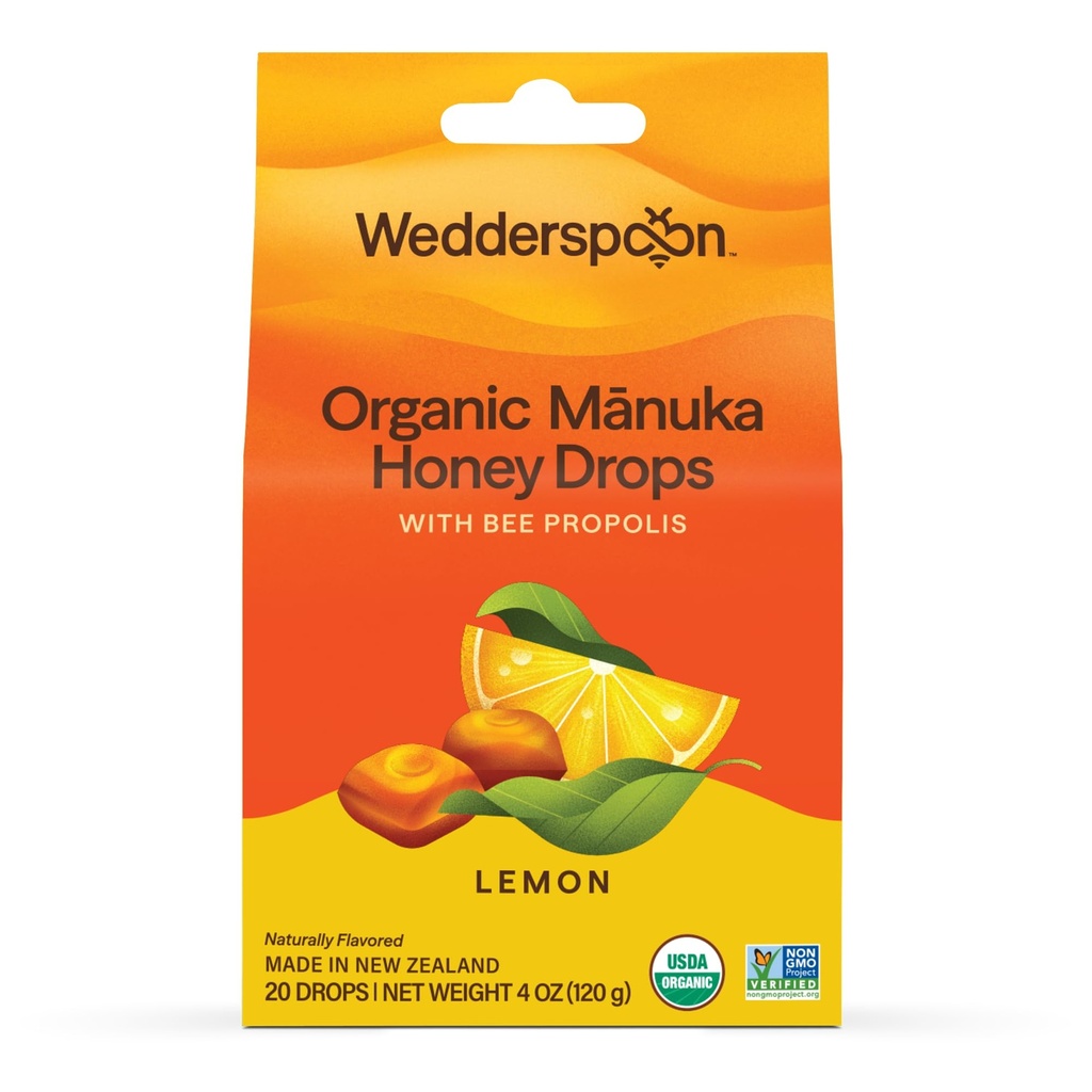 Wedderspoon Organic Manuka Honey Drops, Sidrun & Bee Propolis, 20 Count (Pack of 1) | Tõeline Uus-Meremaa Honey | Perfect Remedy for Dry Throats