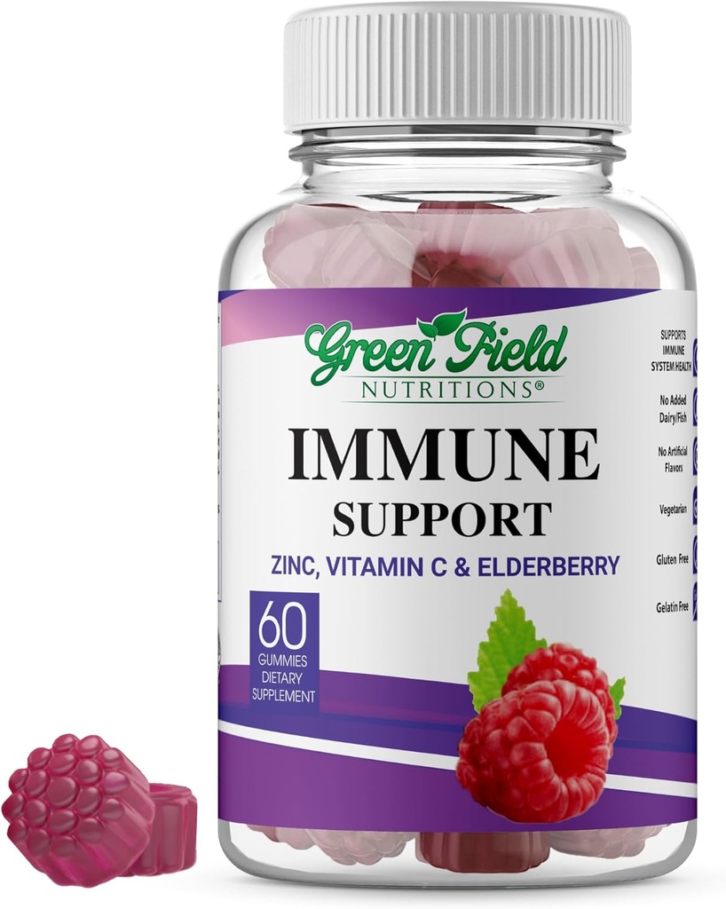 Greenfield Nutritions Halal Immune Support Elderberry Gummies täiskasvanutele - toetab teie immuunsüsteemi loomulikult koos halal tsingi ja C-vitamiini kummiga - 60 maitsvat segatud marjakummid Halal vitamiinid