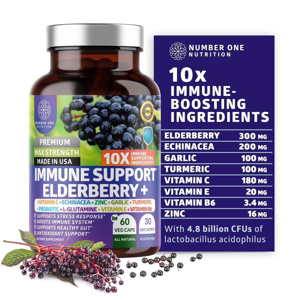 Premium 10 in 1 Immune Support Supplement [10 Potent Ingredients] Elderberry, vitamiin C, Echinacea, tsink ja probiootikum immuunsuse toetamiseks, soolestiku tervis ja parem seedimine, 60 Veg Caps