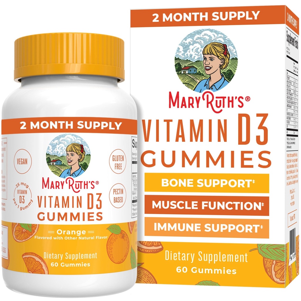 MaryRuth Organics Vitamiin D3 Gummies | 2 kuu pakkumine | Täiskasvanud ja lapsed Vitamiin D Gummy | Immune Support Supplement | VIT D3 1000IU luu tervise ja lihaste funktsiooni | Vegan | Mitte-GMO | Gluteenivaba | 60
