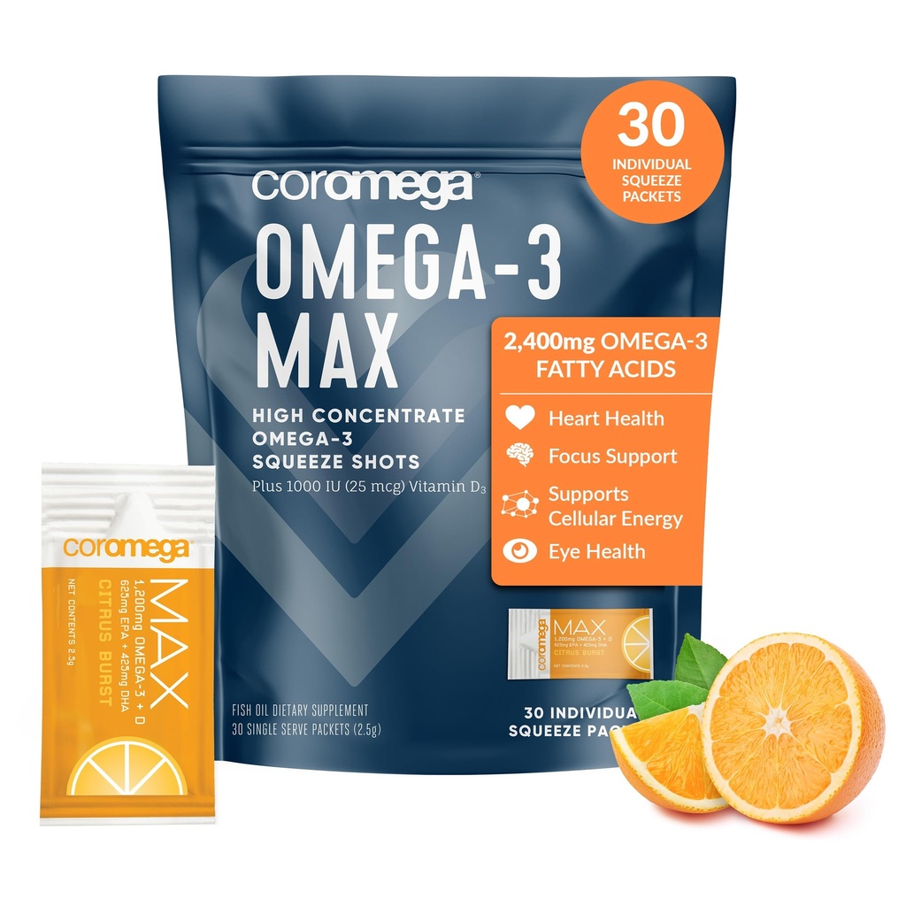 Coromega MAX 2400mg oomega-3 kalaõli + D-vitamiini pressimispaketid, looduslikult püütud, kala maitset ei ole - 3X parem imendumine kui pehmed, toetab aju ja südame tervist (30 serveerimist, tsitrusepurset)