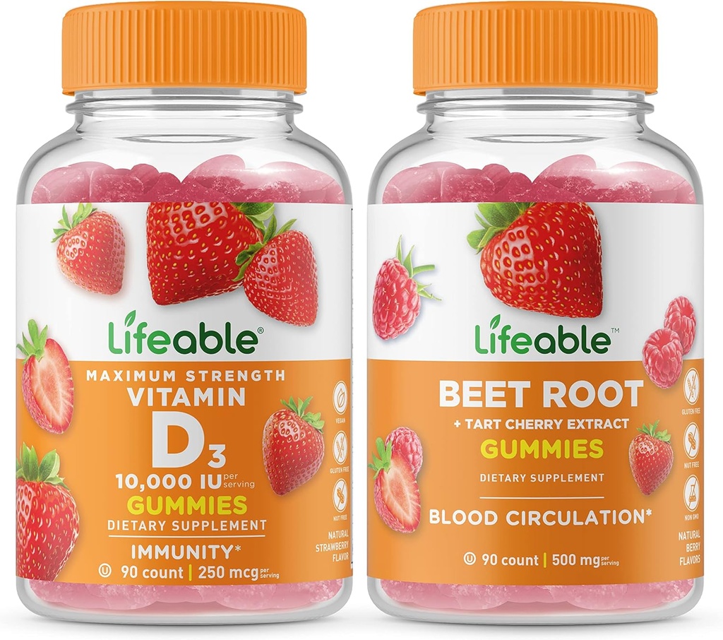Elujõuline D-vitamiin 10000 IU + peedijuur, kummipakend - suurepärane maitse, vitamiinilisand, gluteenivaba, GMO-vaba, närimiskumm