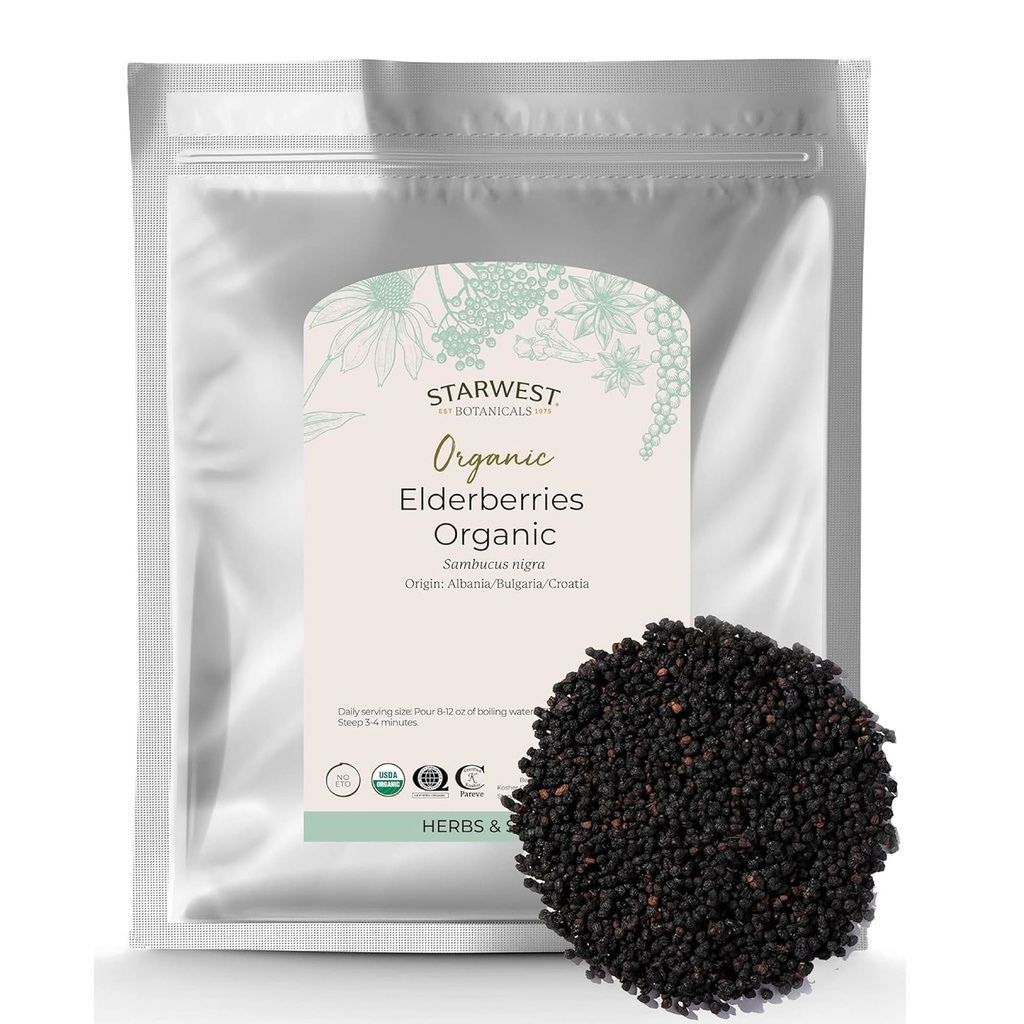 Starwest Botanicals Organic Elderberries - Kuivatatud Elderberrys Syrup, Tee, Gummies & Jam, Natural Immune Support, Certified Kosher, Non-GMO - Bulk 1 lb Bag