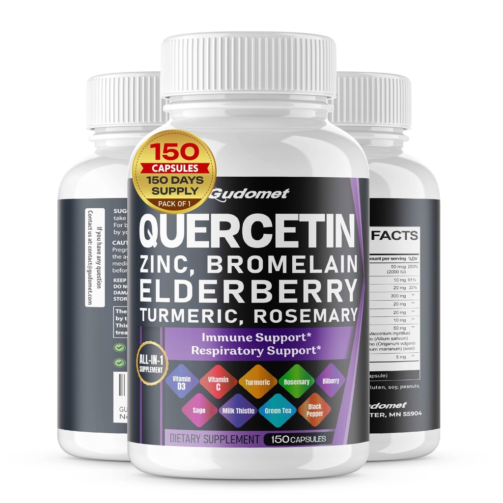 Quercetin Bromelain Tsink Vitamiin D3 Elderberry Kurkum Rosmariin Bilberry Salvei Lõhnatu küüslauk Roheline tee Piimaohakas Oregano - 150 kapslit - valmistatud USA-s