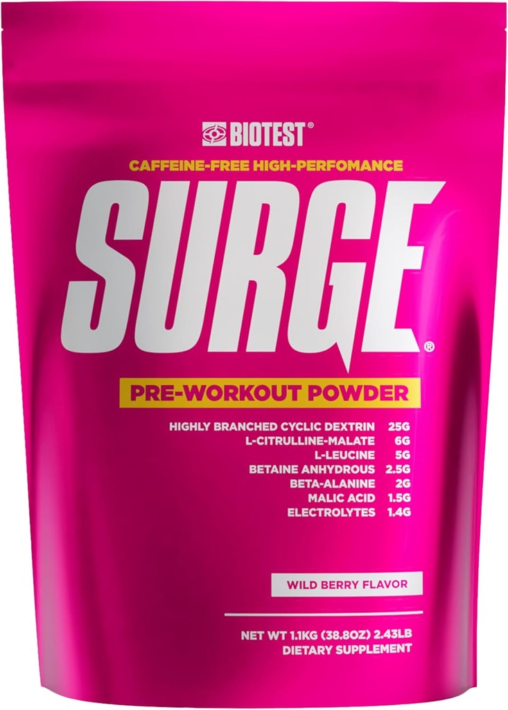 Surge Pre-Workout Pulber - 25 g Väga hargnenud tsükliline dekstriin, 6,5 g tsitrulliinmalaat, 5 g L-leutsiin, 2,5 g veevaba betaiin, 2 g beeta-alaniin, 1,4 g elektrolüütsegu - 1,1 kg