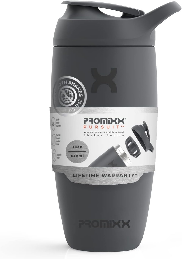 Promixx Pursuit Shaker Bottle Isoleeritud roostevabast terasest veepudeli ja raputuskarikas, 18oz, Graphite Gray