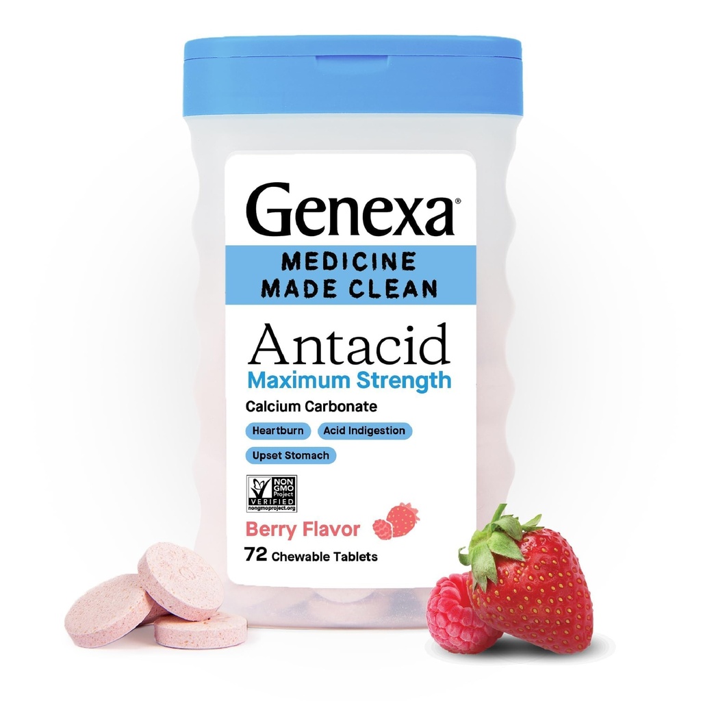 Genexa 3 Pack Clean Antacid närimistabletid | Maksimaalne tugevus Kaltsiumkarbonaat kõrvetised, happe seedehäired & Upset kõht Relief | Värv vaba, 0% kunstlikud lisandid | Berry Maitse, 216ct